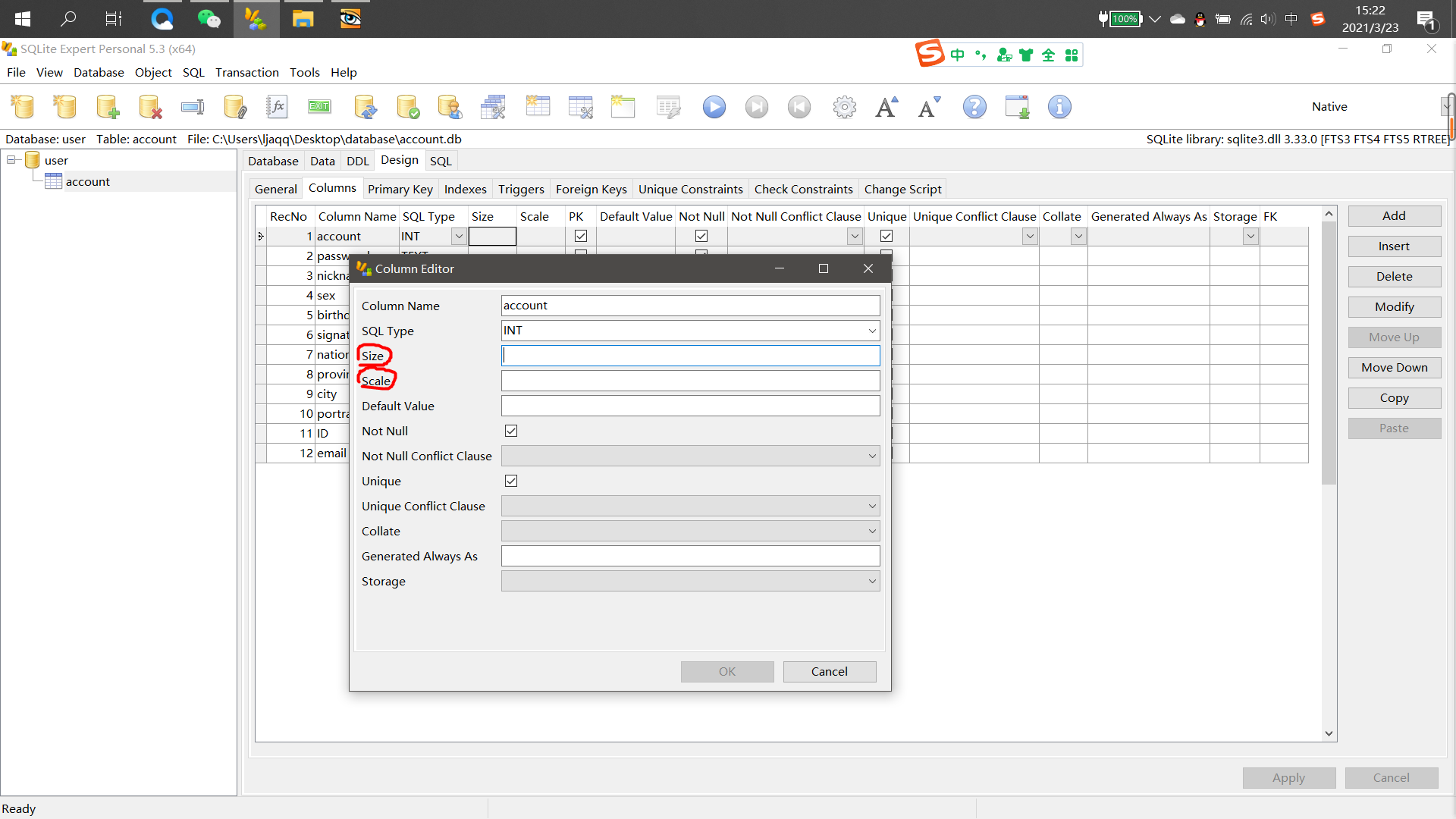 sqliteexpert里在编辑column的时候size和scale分别指什么